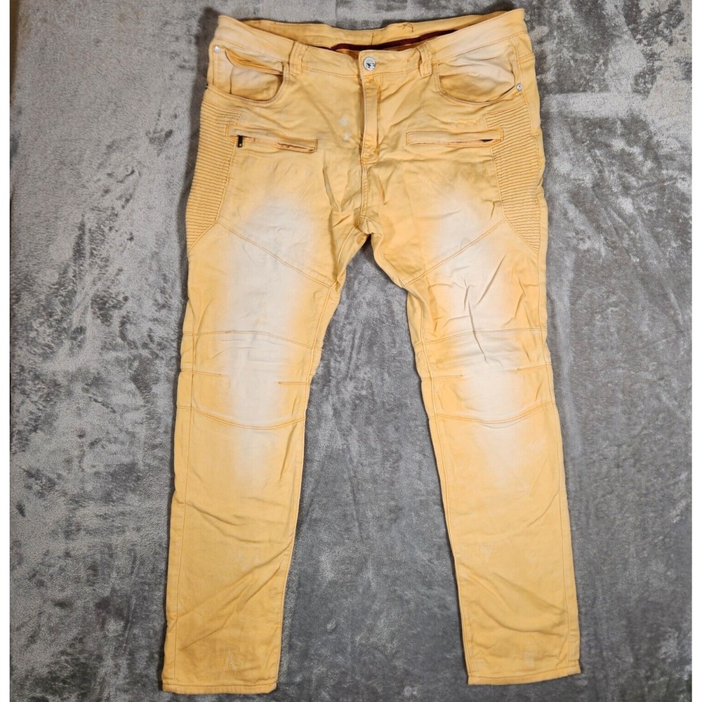 Kleep Jeans Men's 42X35 Moto Slim Stretch Skinny Distress Flap Stone Wash Yellow